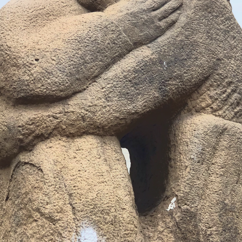 Detail of the face of the Visitation sculpture by Lily Garafulic